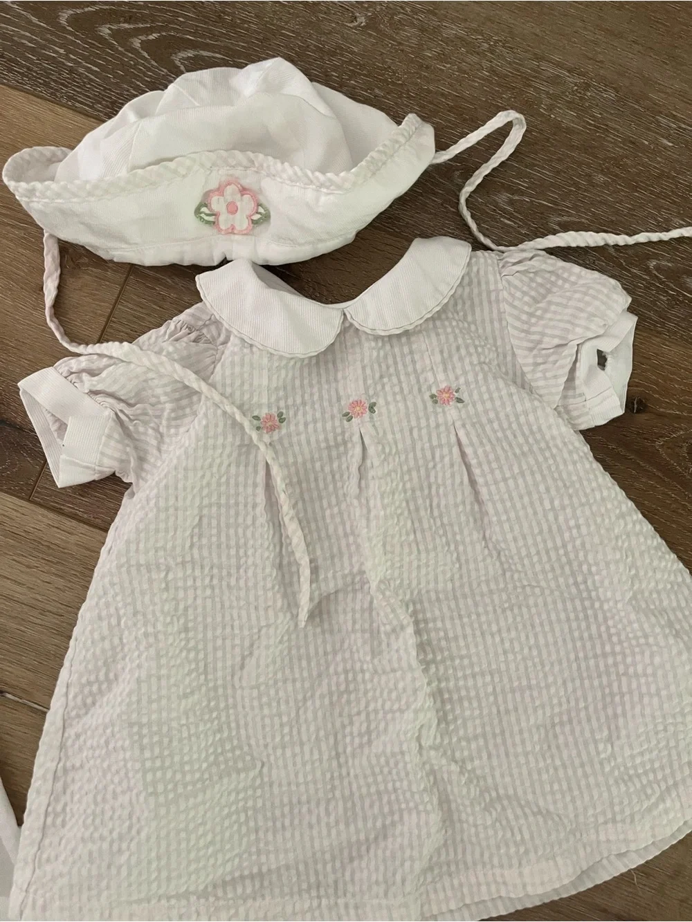 Vintage White Baby Dress & Outfit Set - Sailor Top, Bonnet, Pink Detail